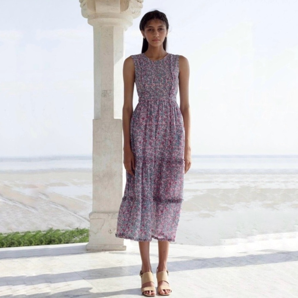 Banjanan Tuckernuck Isha Tiered Maxi Dress Wild Rose Floral Pink Green Medium